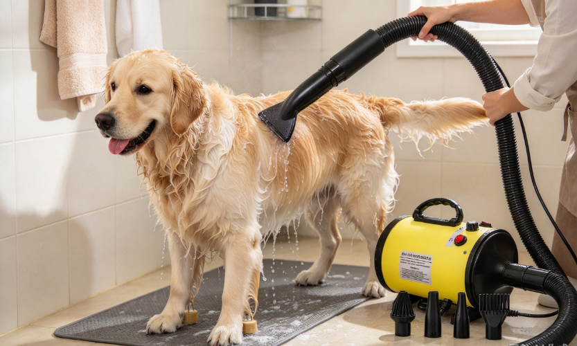 Using yellow animal hair dryer on wet golden retriever in home bathroom, pet groomer drying dog fur gently with accessories nearby.